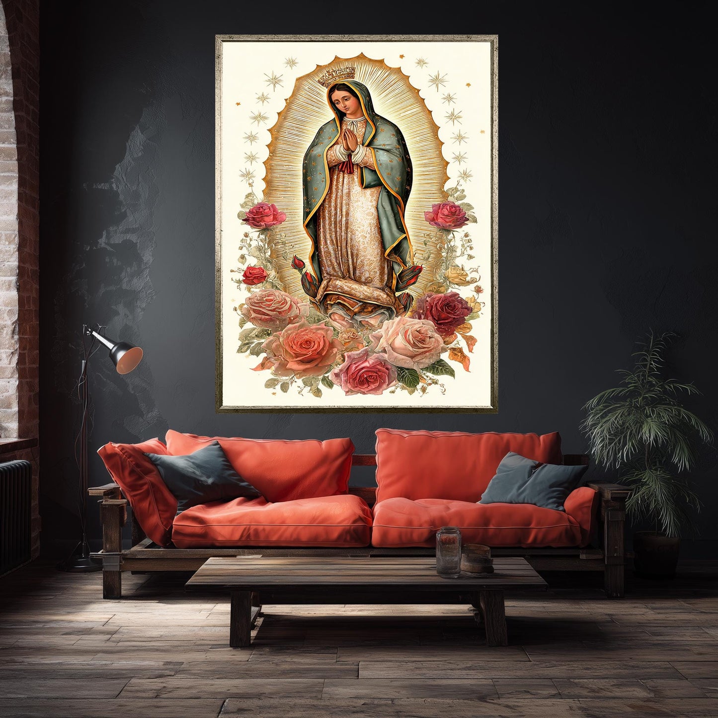Our Lady Of Guadalupe Full Body Canvas Print With Crown Surrounded By Roses And Gold Light On Cream Background Catholic Wall Art Mother Mary