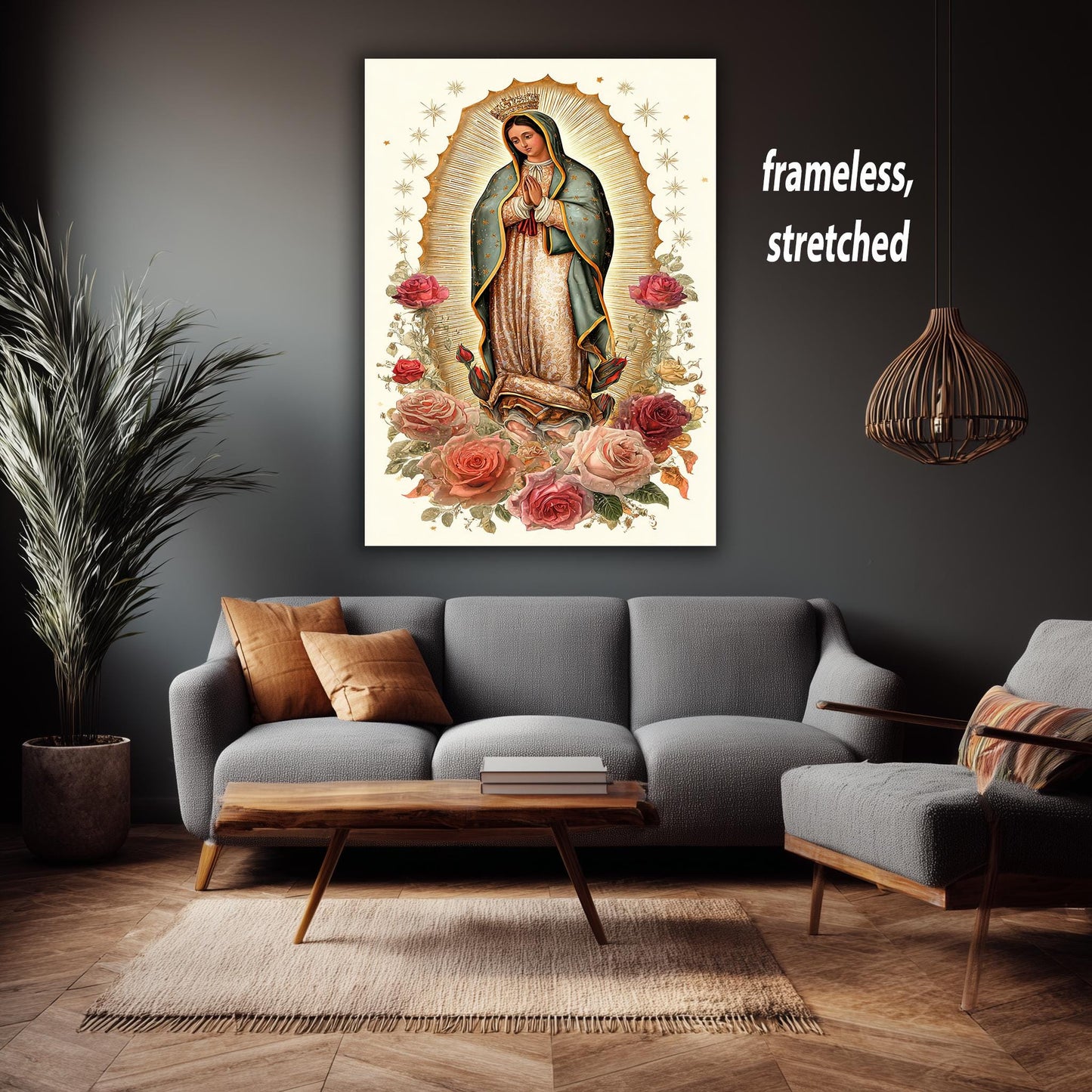 Our Lady Of Guadalupe Full Body Canvas Print With Crown Surrounded By Roses And Gold Light On Cream Background Catholic Wall Art Mother Mary