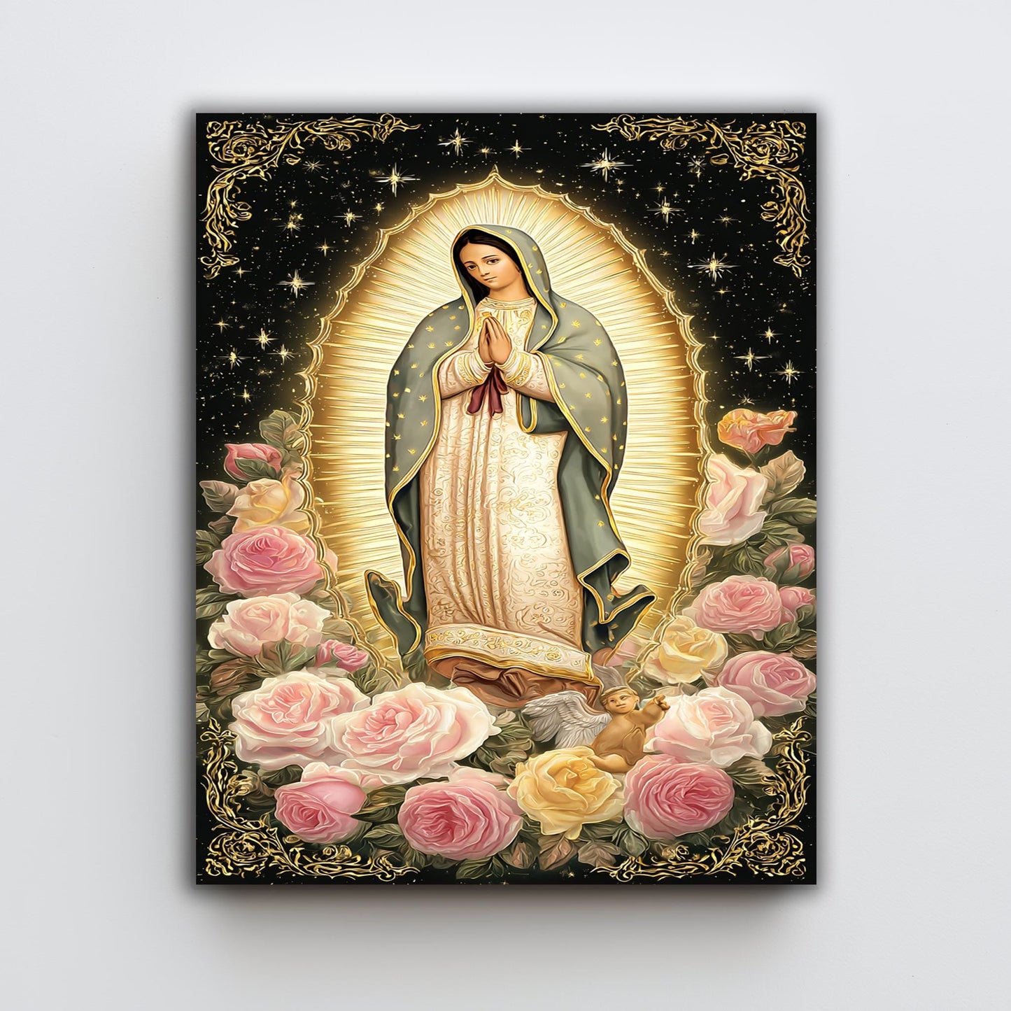 Our Lady Of Guadalupe Full Body Canvas Print With Angel Surrounded By Soft Roses And Golden Light On Starry Background Catholic Wall Art