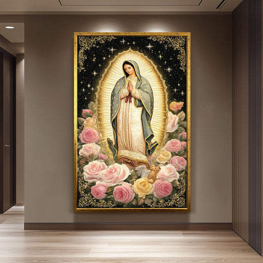 Our Lady Of Guadalupe Full Body Canvas Print With Angel Surrounded By Soft Roses And Golden Light On Starry Background Catholic Wall Art