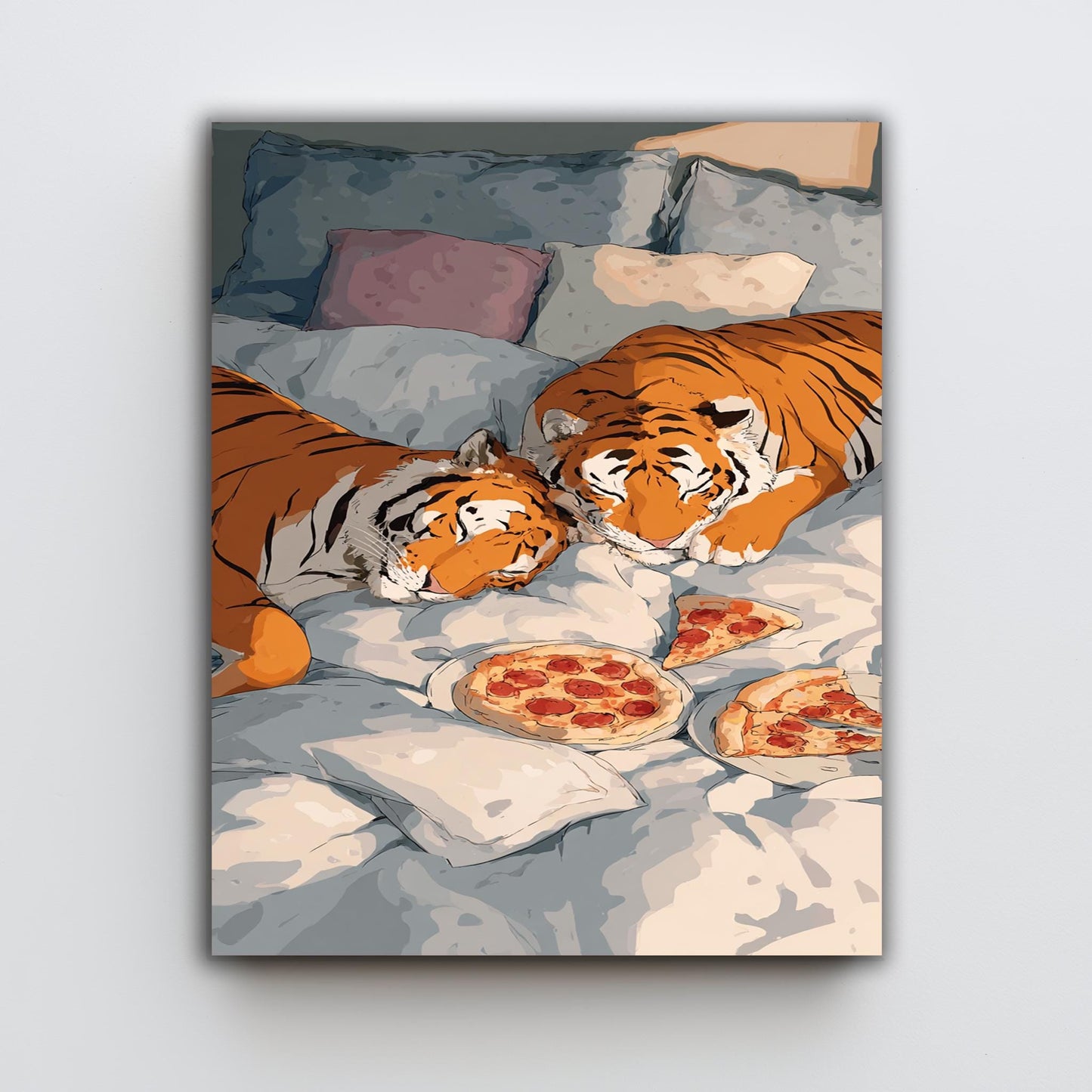 Whimsical Tigers In Bed Wall Art Funny Animal Canvas Print Two Tigers Eating Pizza In Cozy Bedding Surreal Pop Art Home Decor
