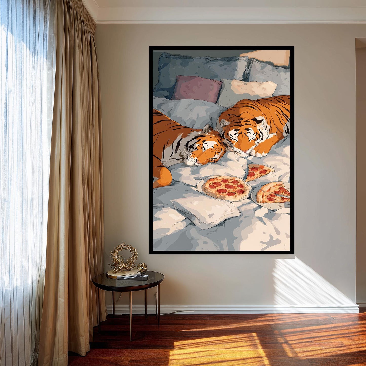 Whimsical Tigers In Bed Wall Art Funny Animal Canvas Print Two Tigers Eating Pizza In Cozy Bedding Surreal Pop Art Home Decor