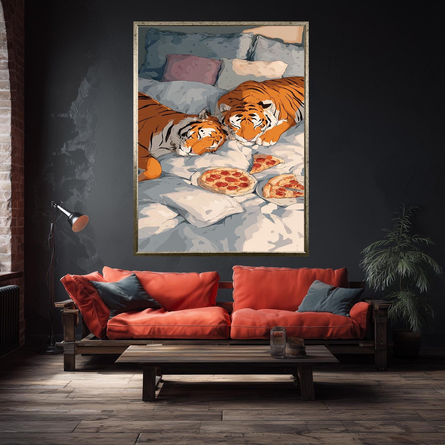 Whimsical Tigers In Bed Wall Art Funny Animal Canvas Print Two Tigers Eating Pizza In Cozy Bedding Surreal Pop Art Home Decor