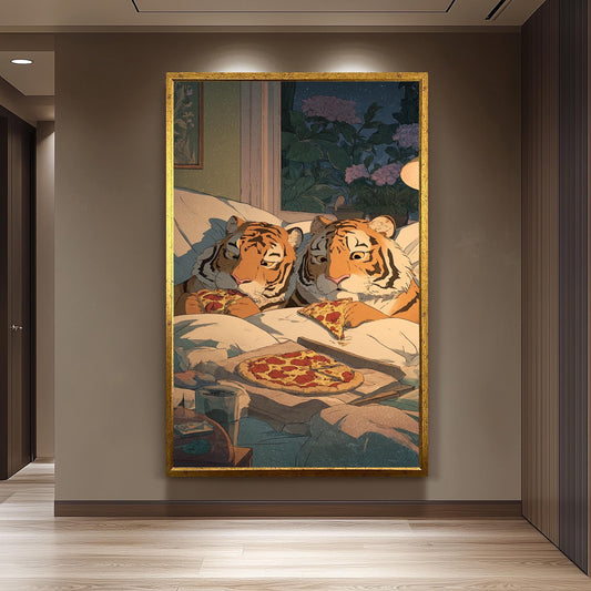 Cozy Tigers Eating Pizza Wall Art Whimsical Animal Canvas Print Two Tigers Sharing Pepperoni Pizza In Bed Under Starry Night Tiger Wall Art