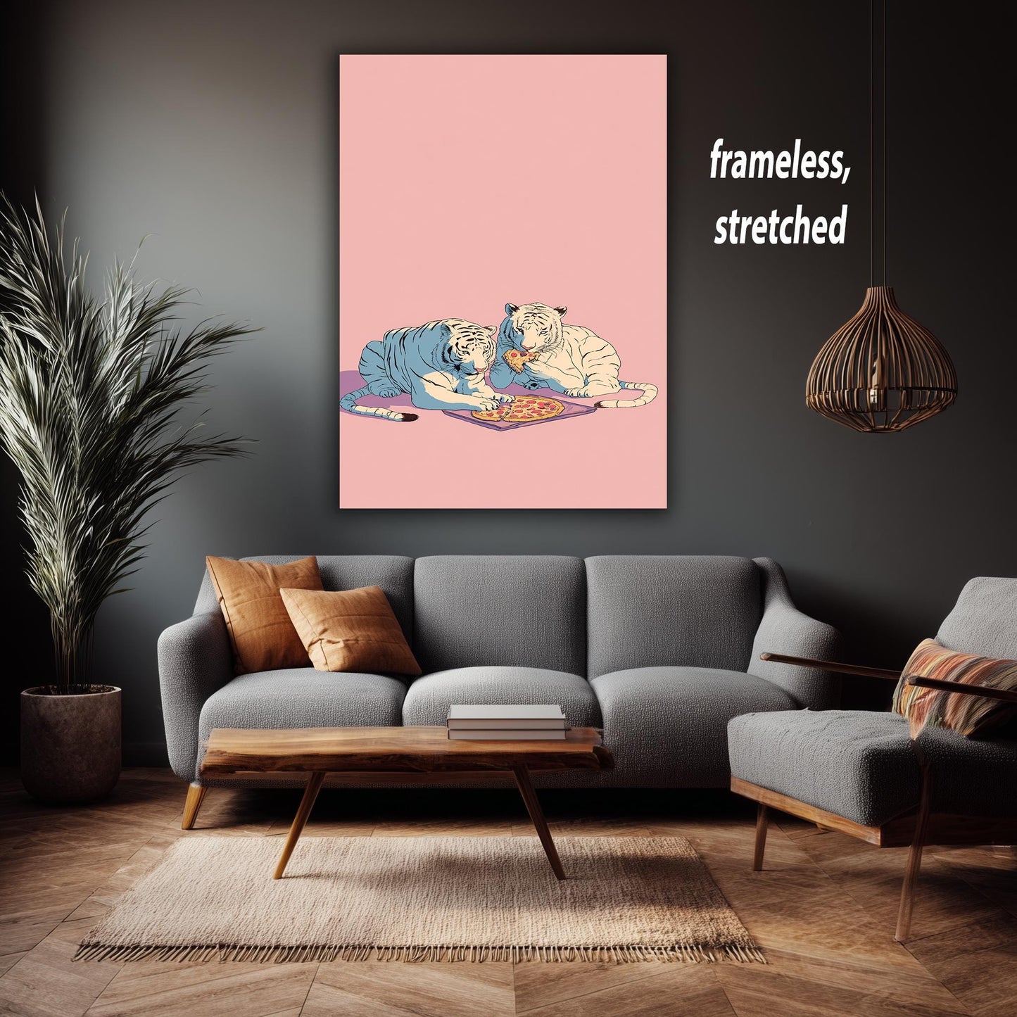 Retro White Tigers Eating Pizza Wall Art Pastel Pop Art Canvas Print 80s Style Tigers With Pepperoni Pizza On Pink Background Tiger Wall Art
