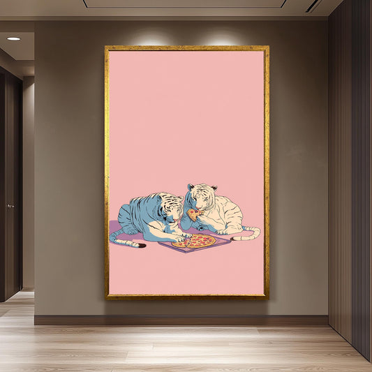 Retro White Tigers Eating Pizza Wall Art Pastel Pop Art Canvas Print 80s Style Tigers With Pepperoni Pizza On Pink Background Tiger Wall Art