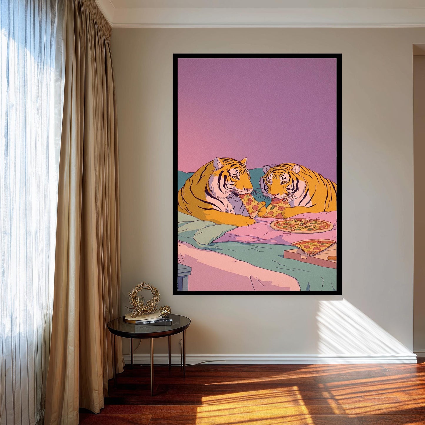 Pastel Tigers Eating Pizza Wall Art Retro 80s Style Canvas Print Two Tigers In Bed Sharing Pizza Under Gradient Sunset Colors Tiger Wall Art