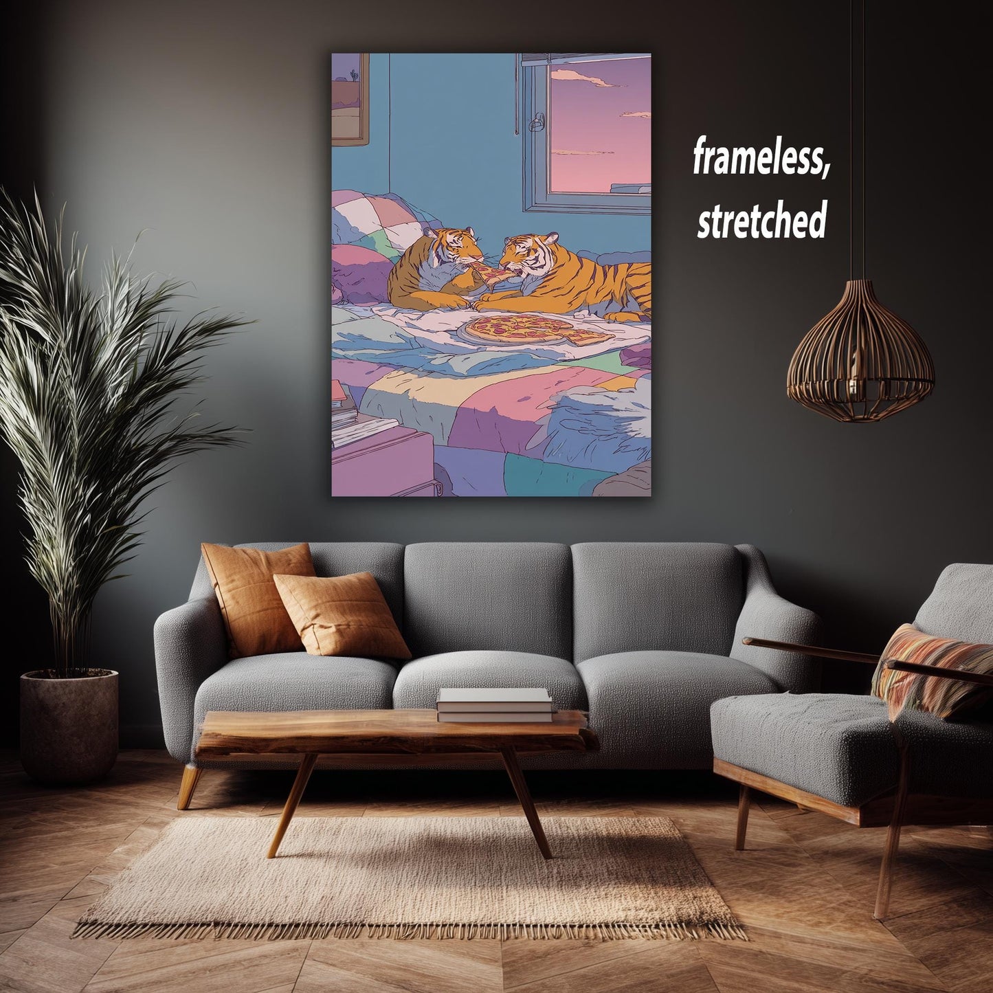 Two Tigers Eating Pepperoni Pizza in Cozy Pastel Bedroom with 80s Retro Aesthetic  Whimsical Animal Art Print for Home Wall Decor Tiger Art