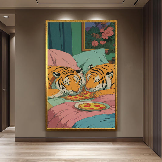 Retro 80s Style Two Tigers Eating Pizza in Pastel Colored Cozy Bed  Whimsical Animal Illustration for Fun Vintage Wall Art Print Tiger Art