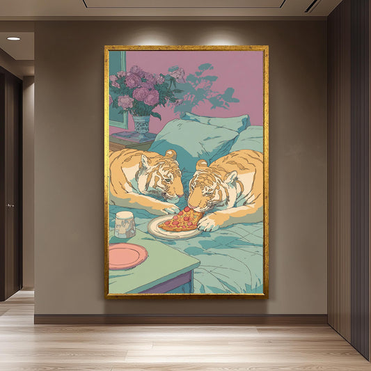 Romantic Tigers Sharing Pizza in a Dreamy Pastel Bedroom  Whimsical Retro 80s Animal Illustration for Cute Couple or Cozy Decor Tiger Print