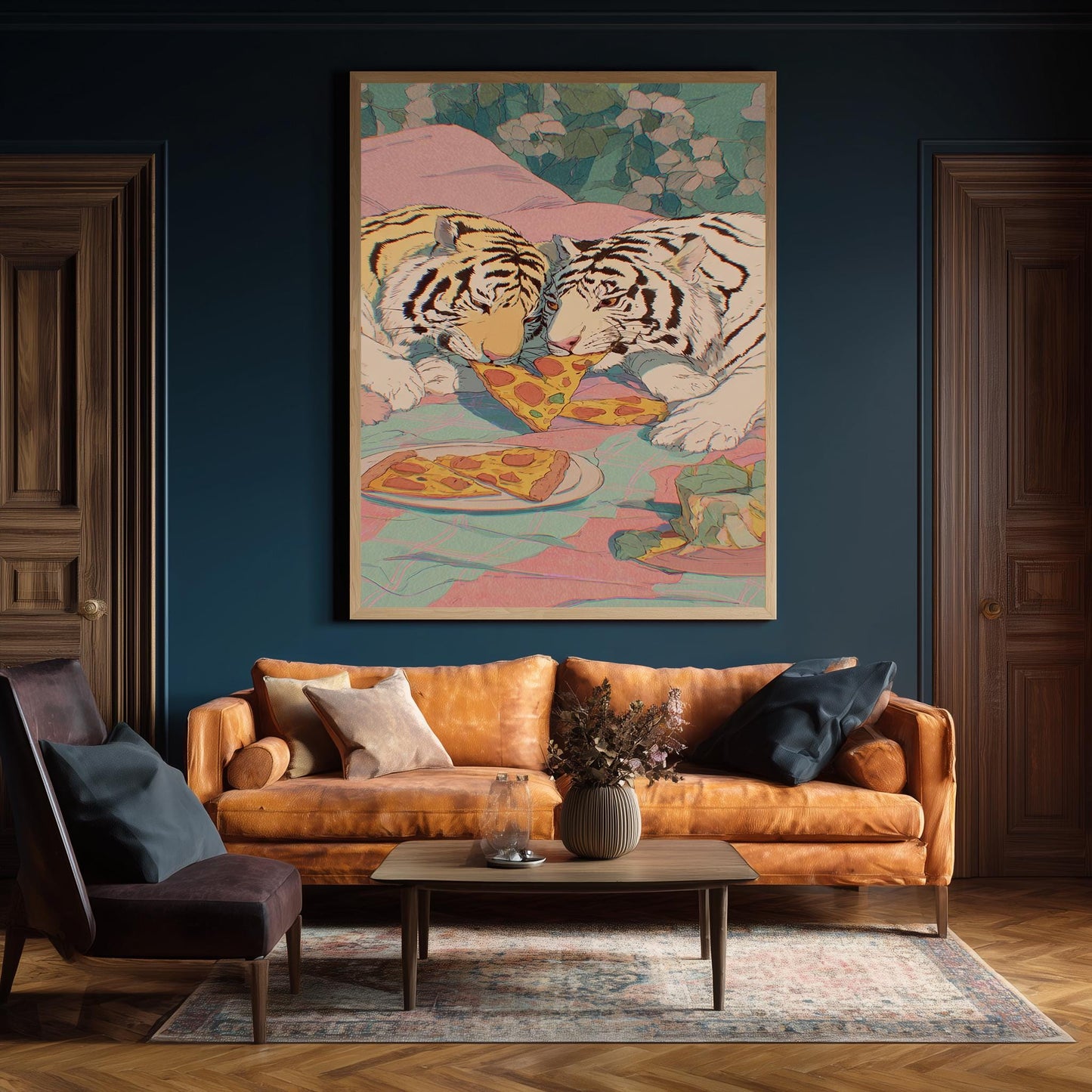 Two White Tigers Sharing Pizza in Bed  Romantic & Playful Pastel Illustration with Retro 80s Vibes, Whimsical Animal Wall Art Tiger Artwork