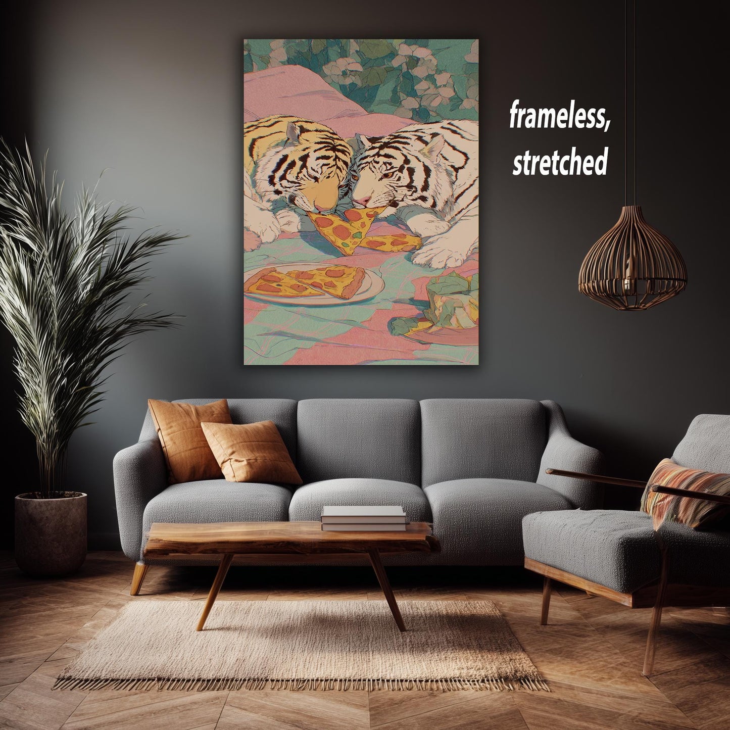 Two White Tigers Sharing Pizza in Bed  Romantic & Playful Pastel Illustration with Retro 80s Vibes, Whimsical Animal Wall Art Tiger Artwork