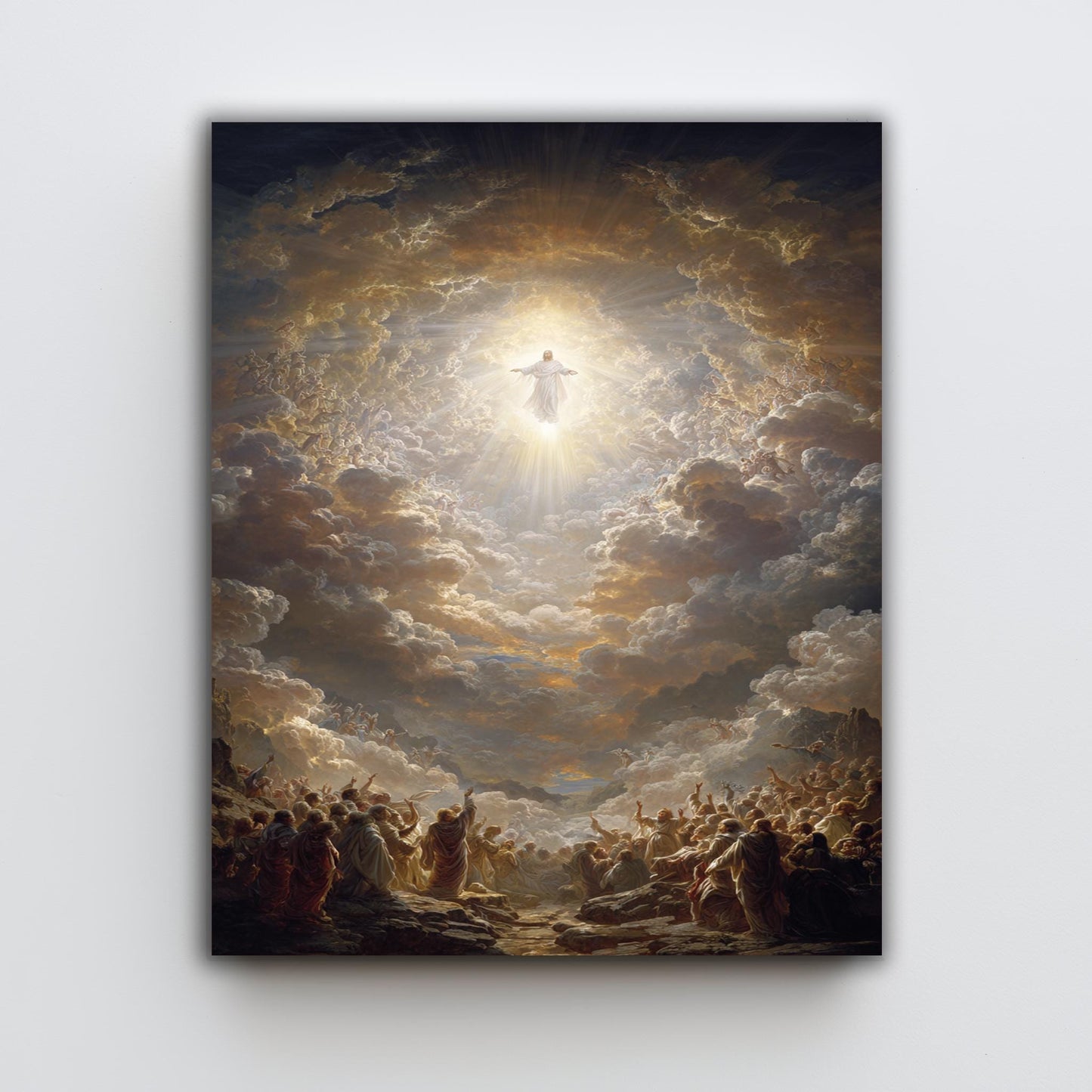 Heavenly Ascension of Jesus Christ  Radiant Divine Light, Angels in the Clouds, and Worshippers Witnessing the Glory of Christ Rising