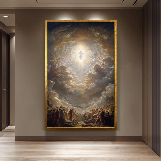Heavenly Ascension of Jesus Christ  Radiant Divine Light, Angels in the Clouds, and Worshippers Witnessing the Glory of Christ Rising