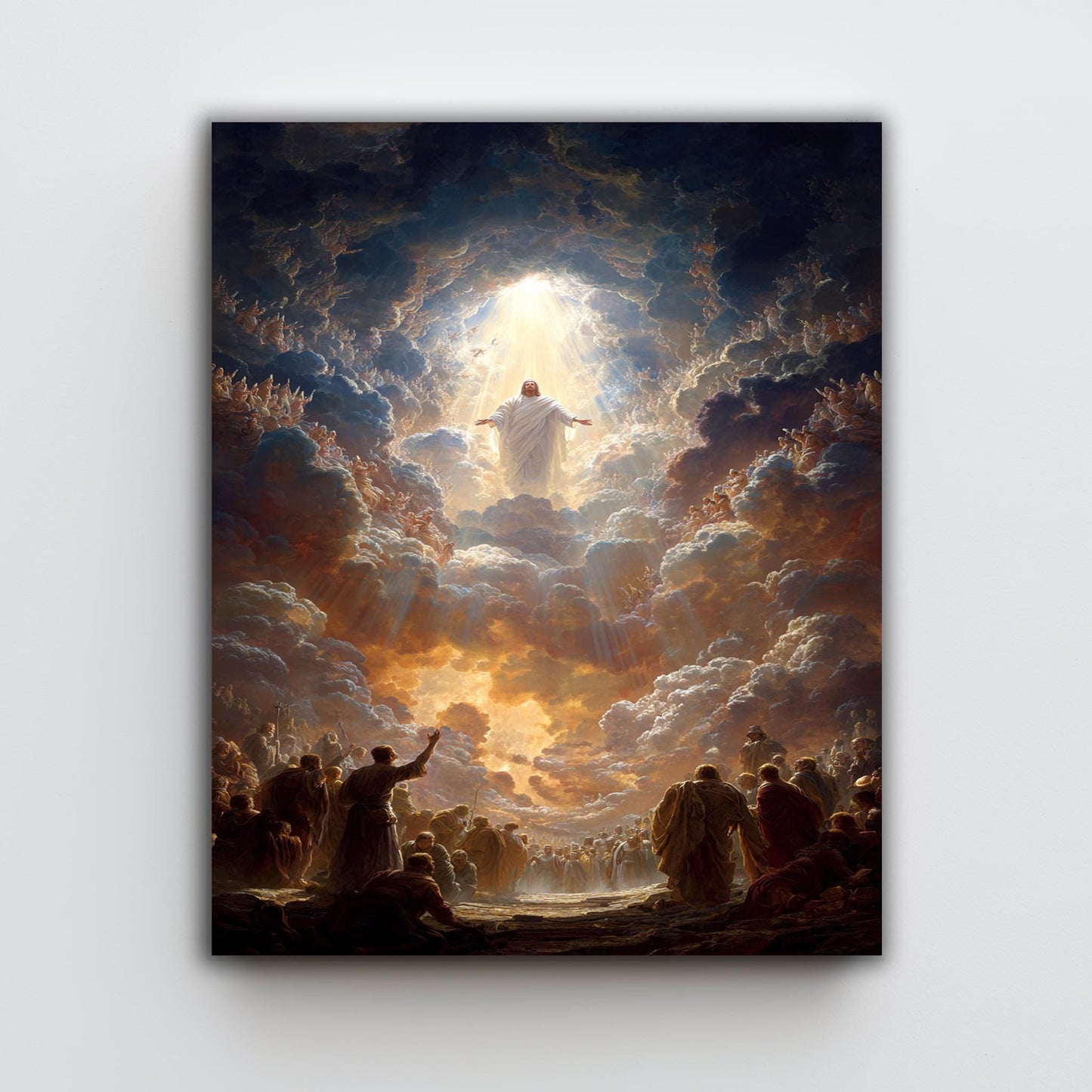 Heavenly Ascension of Jesus Christ Art Print  Glorious Religious Wall Decor with Divine Clouds, Light Rays and Worshiping Saints Jesus Art