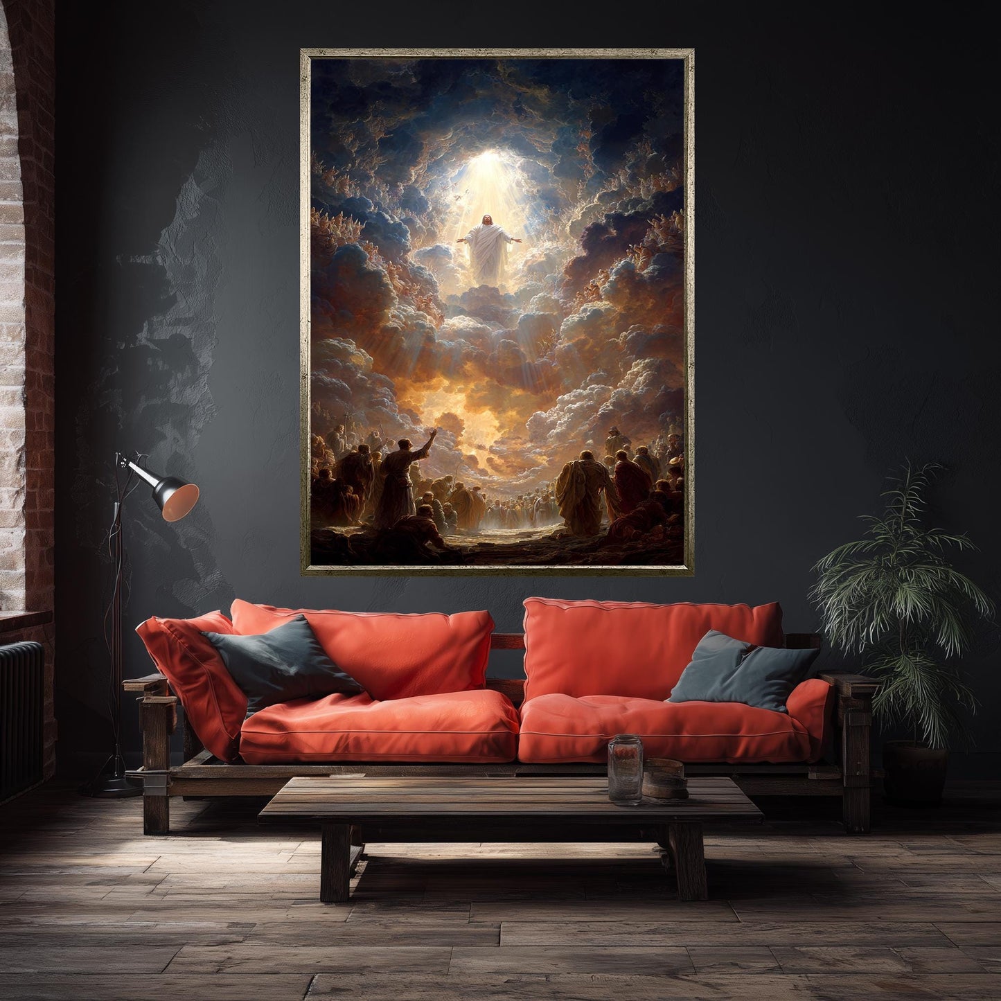 Heavenly Ascension of Jesus Christ Art Print  Glorious Religious Wall Decor with Divine Clouds, Light Rays and Worshiping Saints Jesus Art