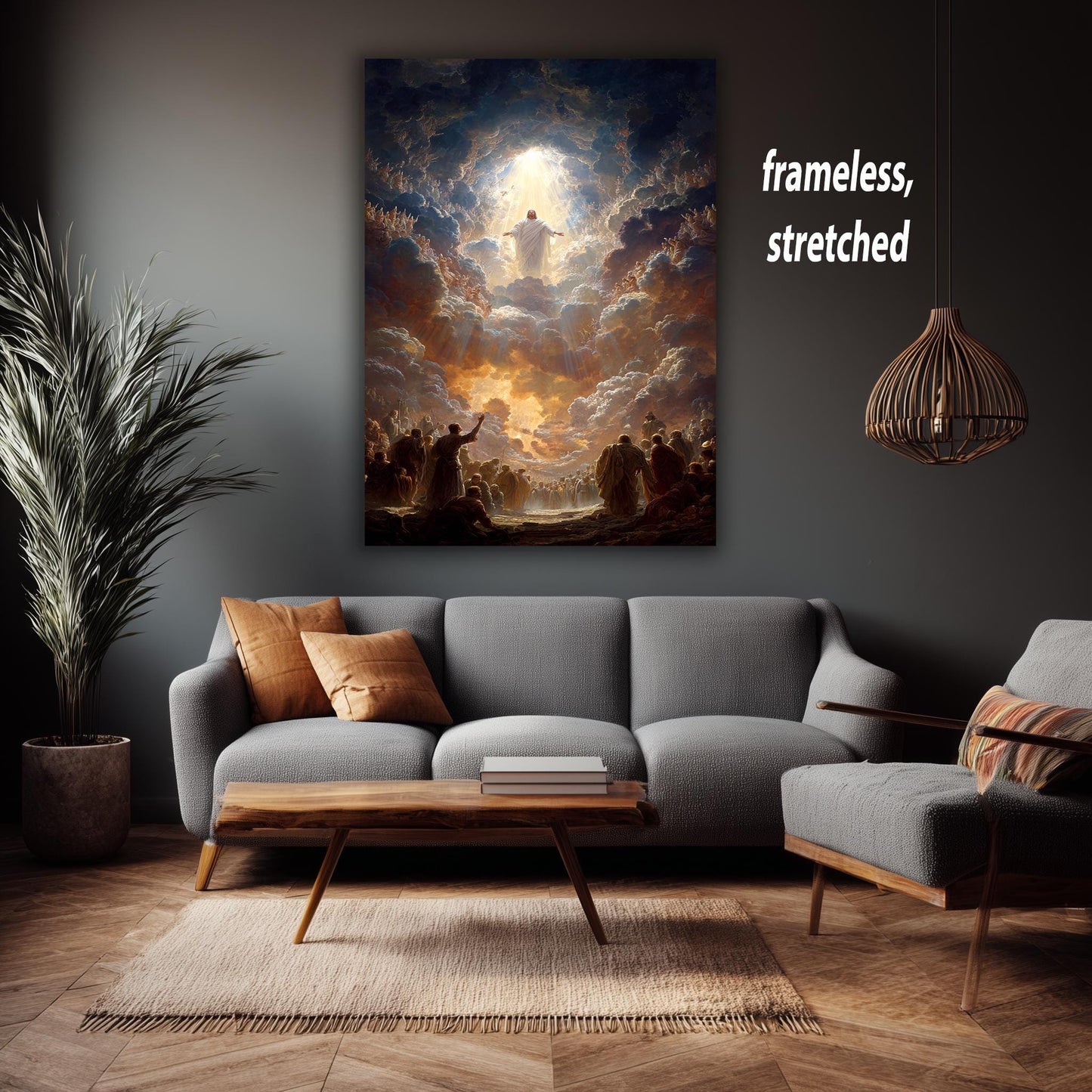 Heavenly Ascension of Jesus Christ Art Print  Glorious Religious Wall Decor with Divine Clouds, Light Rays and Worshiping Saints Jesus Art