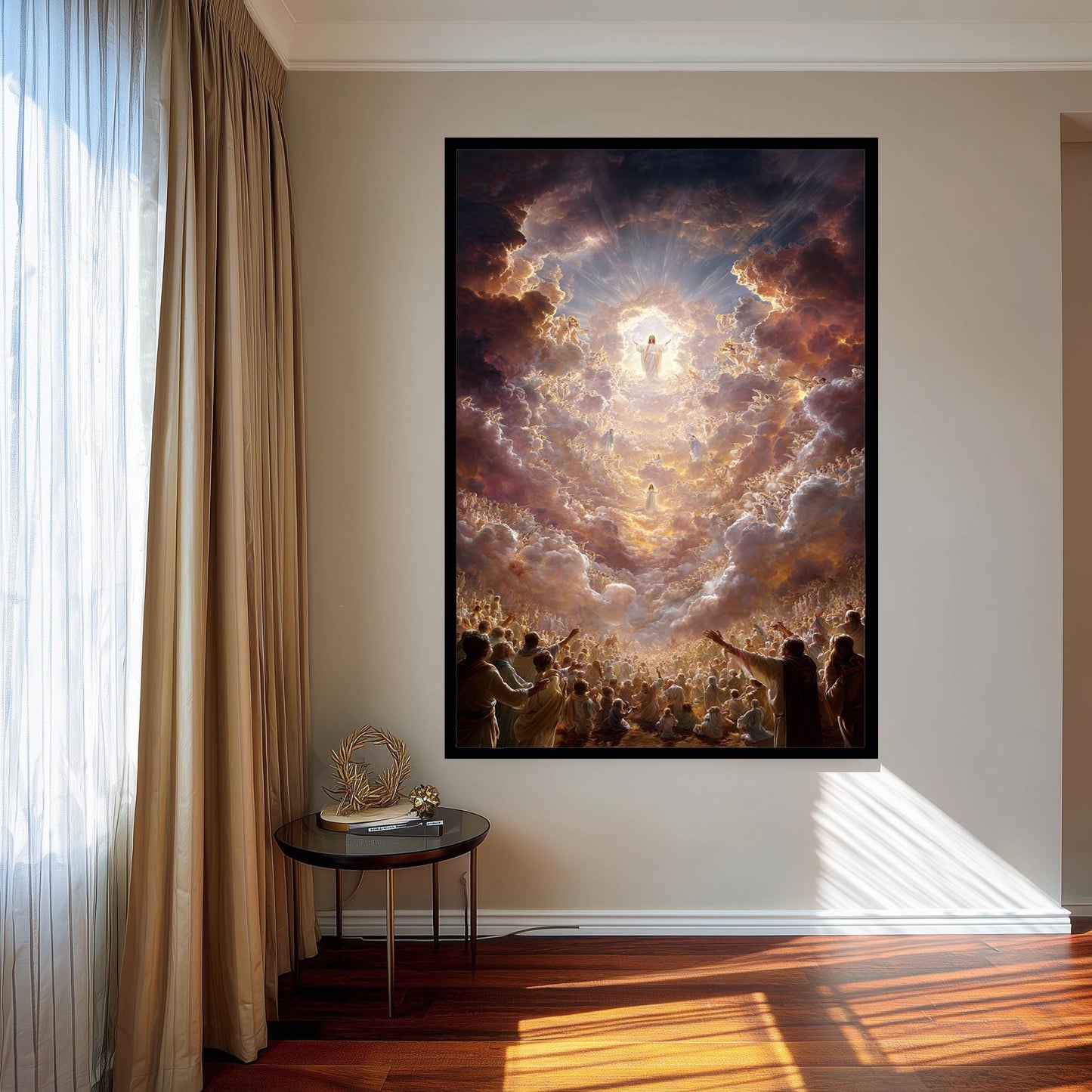 Jesus Christ Ascension Heavenly Glory Canvas  Divine Christian Wall Art with Angels, Light Beams, Worshippers and Celestial Skies Jesus Art