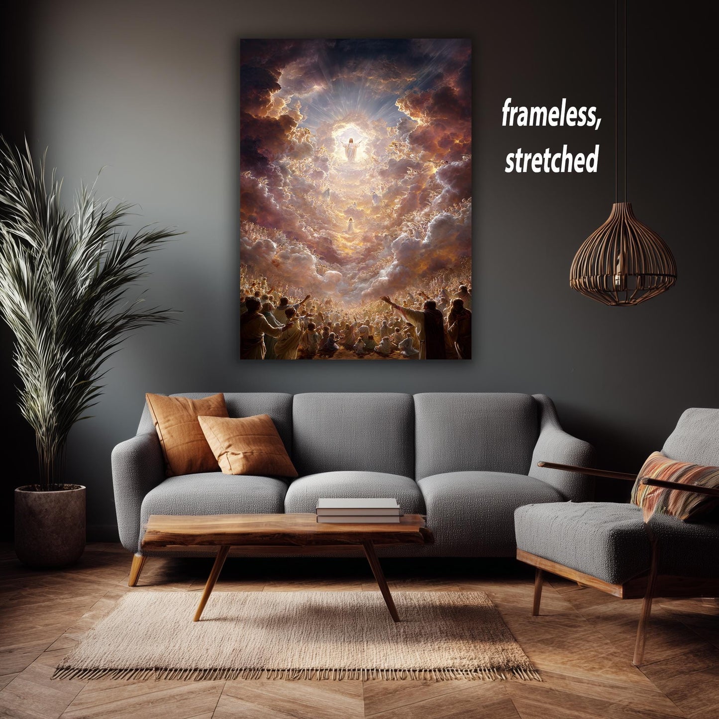 Jesus Christ Ascension Heavenly Glory Canvas  Divine Christian Wall Art with Angels, Light Beams, Worshippers and Celestial Skies Jesus Art