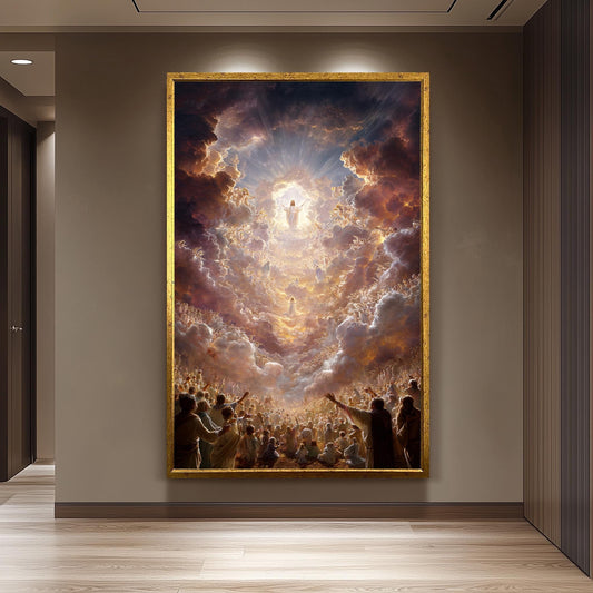 Jesus Christ Ascension Heavenly Glory Canvas  Divine Christian Wall Art with Angels, Light Beams, Worshippers and Celestial Skies Jesus Art