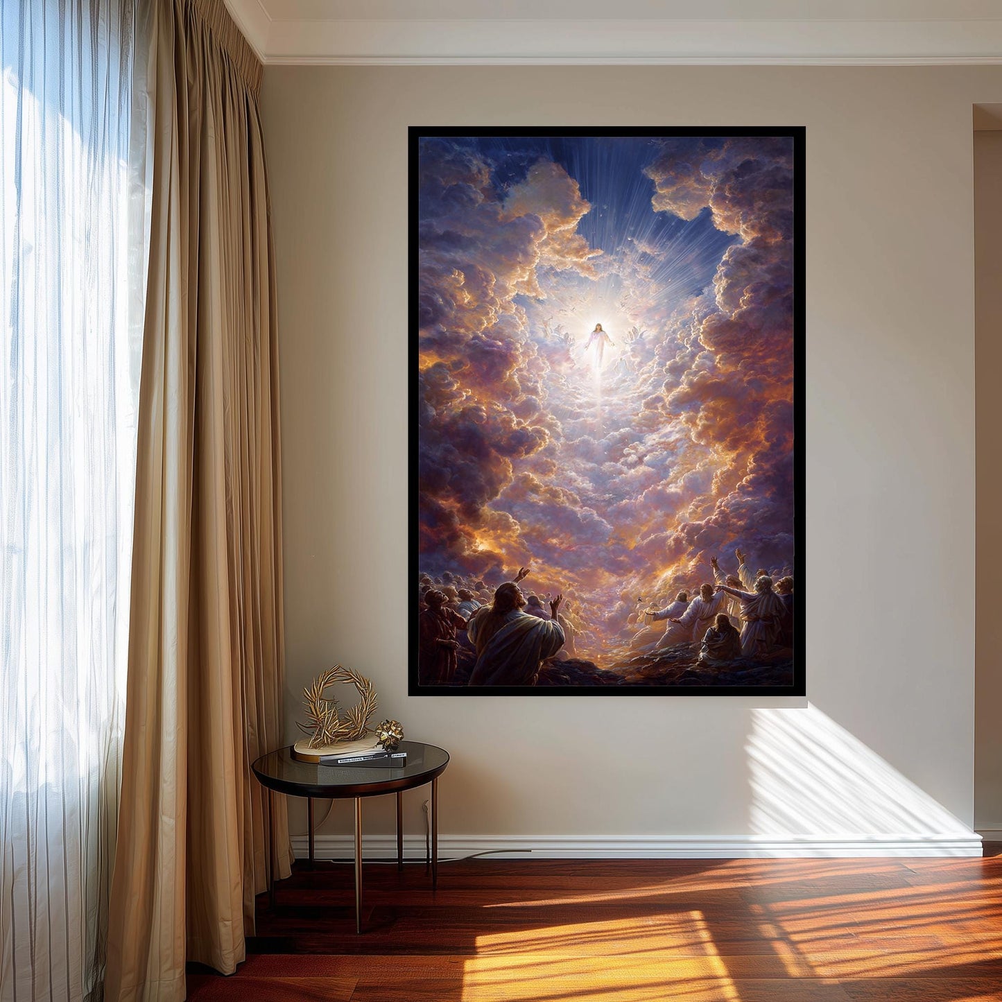 Jesus Ascending to Heaven Religious Art  Radiant Christian Wall Print with Glowing Clouds, Angels, Light Rays and Worshipping Disciples