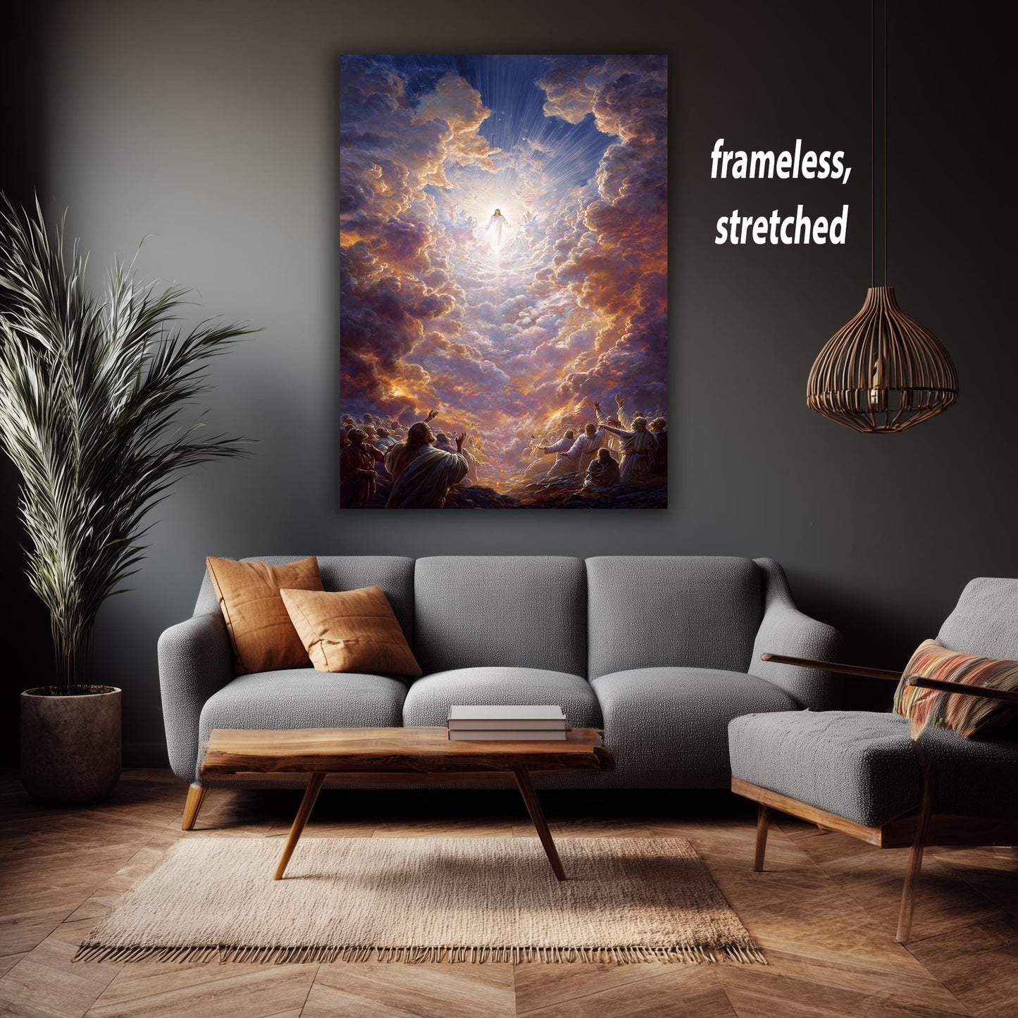 Jesus Ascending to Heaven Religious Art  Radiant Christian Wall Print with Glowing Clouds, Angels, Light Rays and Worshipping Disciples