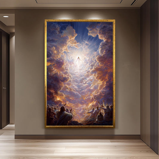 Jesus Ascending to Heaven Religious Art  Radiant Christian Wall Print with Glowing Clouds, Angels, Light Rays and Worshipping Disciples